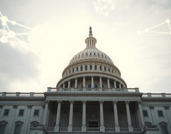 U.S. Capitol building with digital neural network overlay symbolizing AI policy