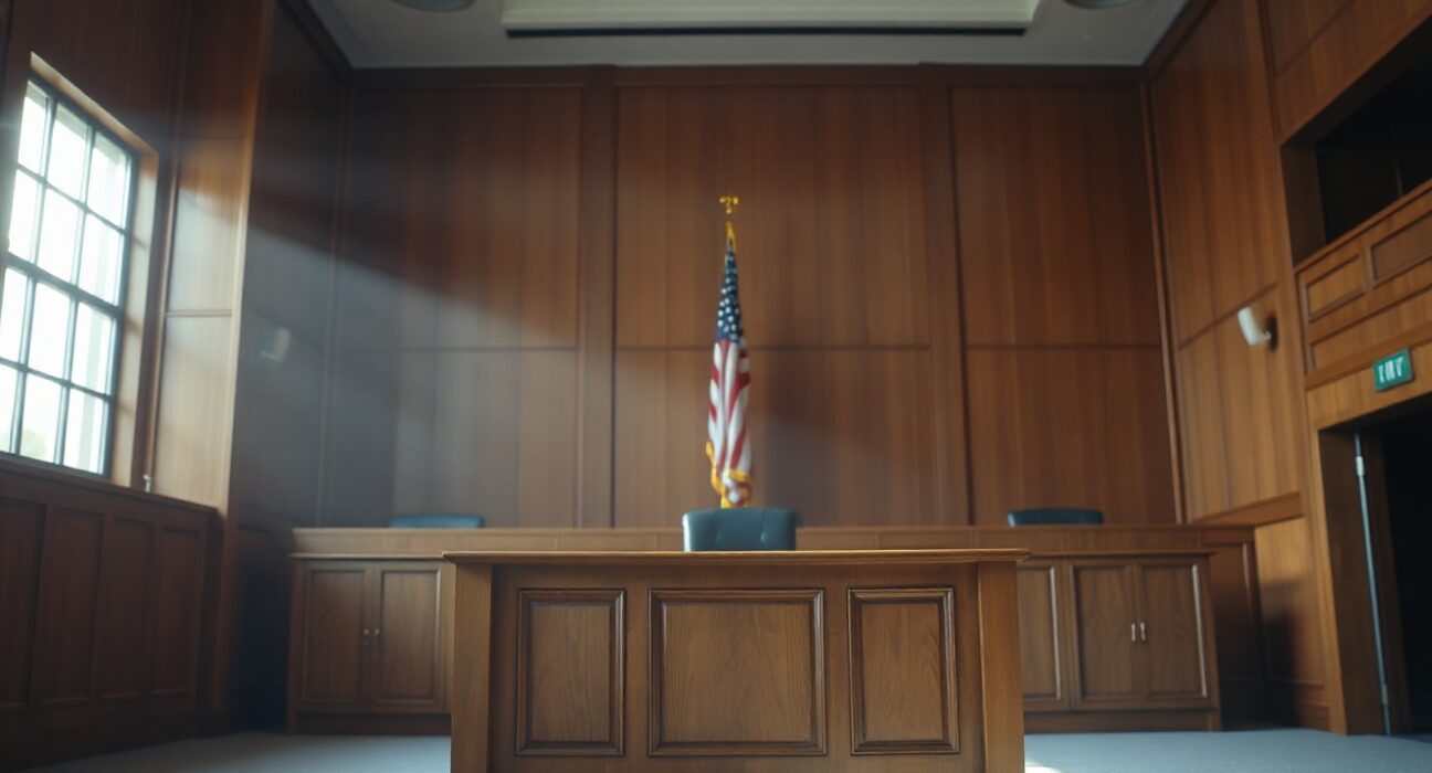 A courtroom with a judge's bench and American flag, representing a legal ruling on Kalshi.
