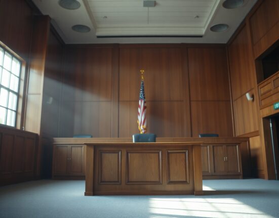 A courtroom with a judge's bench and American flag, representing a legal ruling on Kalshi.