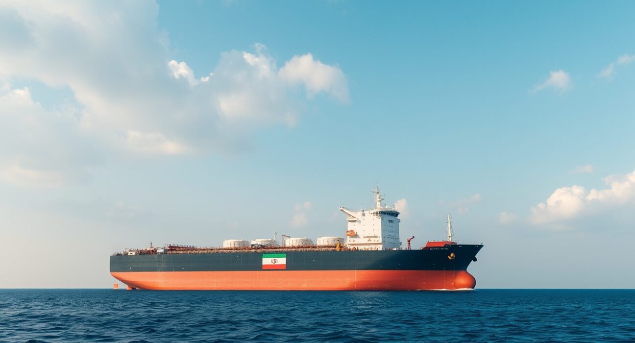 Oil tanker with Iranian flag in the Persian Gulf under cloudy sky