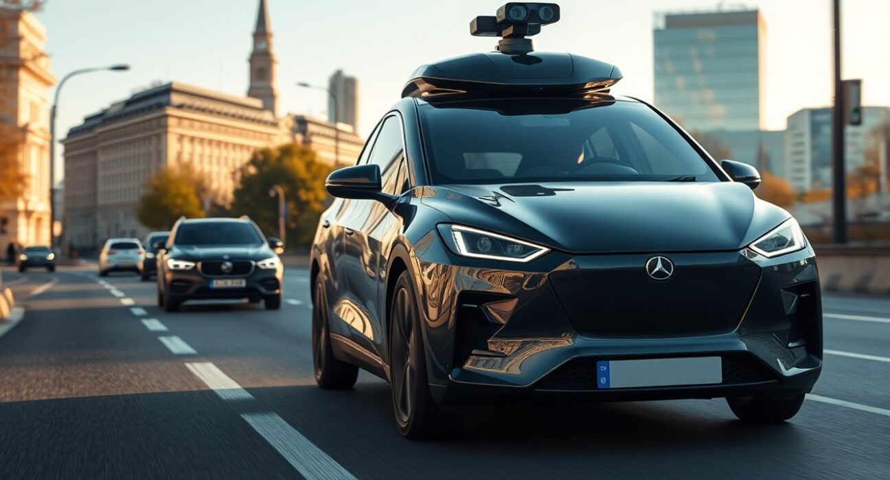 Autonomous vehicle from Wayve driving on a sunny London street, representing AI self-driving technology.
