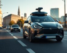 Autonomous vehicle from Wayve driving on a sunny London street, representing AI self-driving technology.