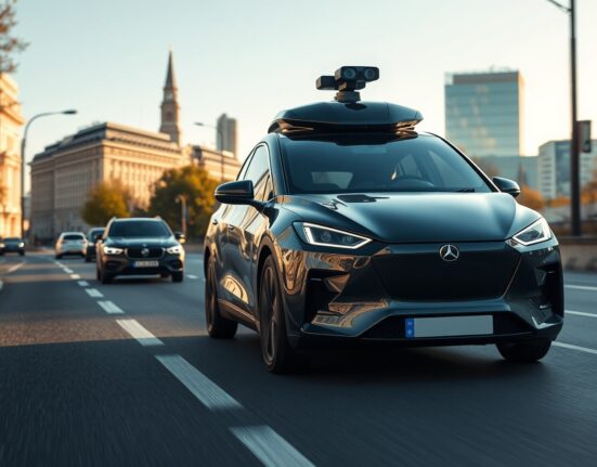 Autonomous vehicle from Wayve driving on a sunny London street, representing AI self-driving technology.