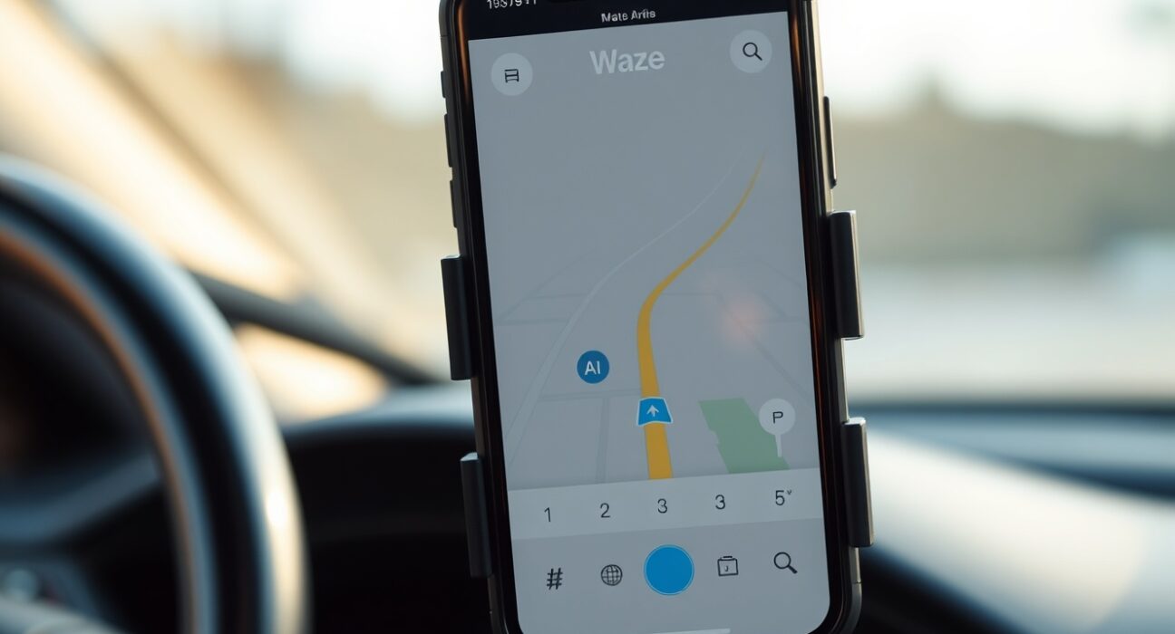 Smartphone displaying Waze navigation app with AI features on a car dashboard