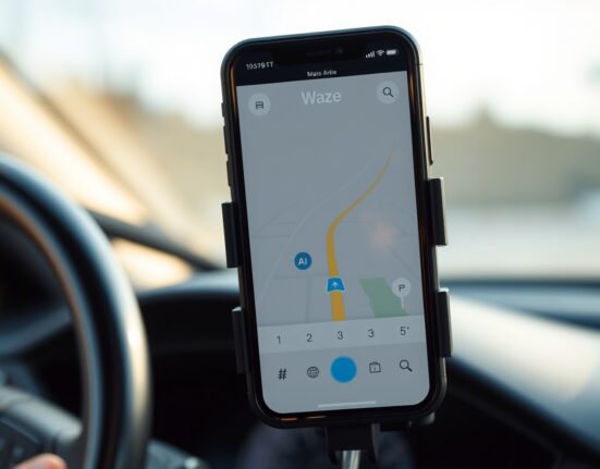 Smartphone displaying Waze navigation app with AI features on a car dashboard