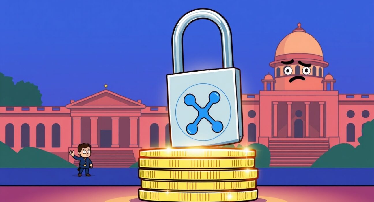 Cartoon showing a court order locking down WazirX XRP assets, symbolizing the crucial legal protection for user funds.