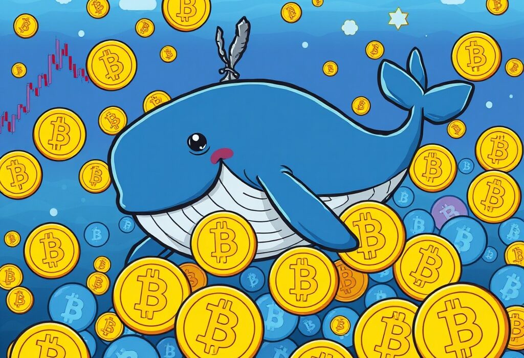 A cartoon whale strategically accumulating Wrapped Bitcoin (WBTC) assets, symbolizing significant WBTC accumulation in the crypto market.