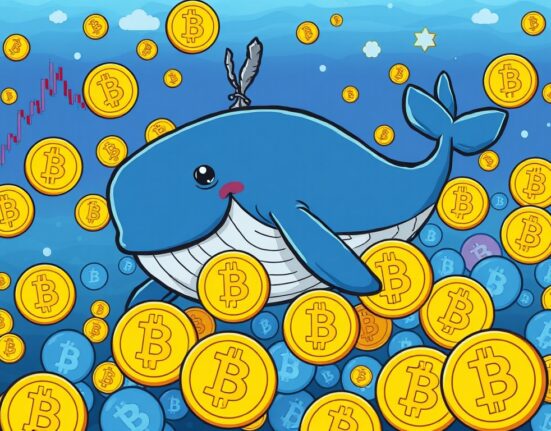 A cartoon whale strategically accumulating Wrapped Bitcoin (WBTC) assets, symbolizing significant WBTC accumulation in the crypto market.