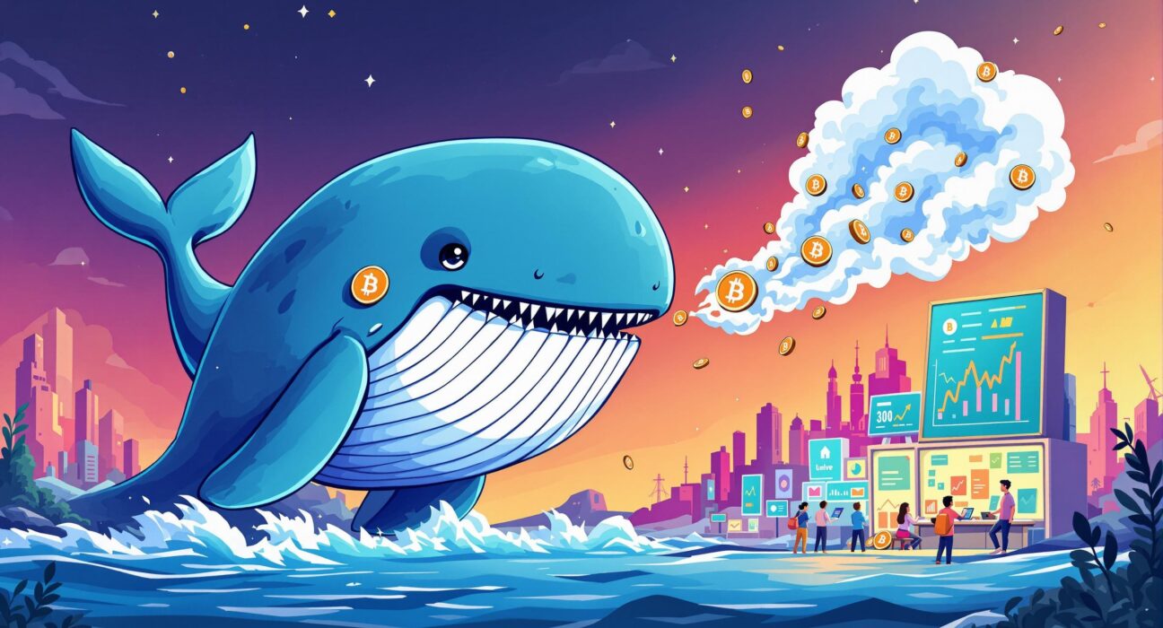 A cartoon illustration of a WBTC whale making a significant sale, showing its impact on the crypto market.