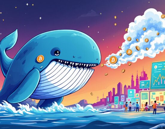 A cartoon illustration of a WBTC whale making a significant sale, showing its impact on the crypto market.