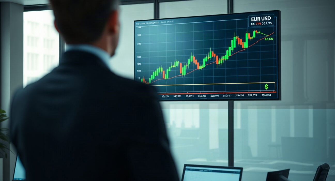 Analyst monitoring a EUR/USD price chart on a trading screen in a modern office.