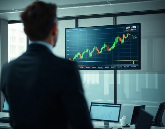 Analyst monitoring a EUR/USD price chart on a trading screen in a modern office.