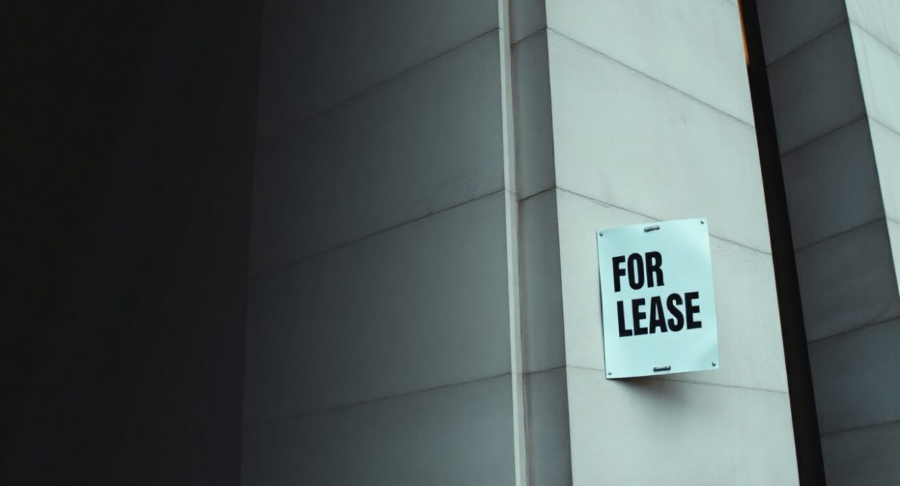Federal Reserve building with a 'For Lease' sign, symbolizing weak labor market and economic slowdown