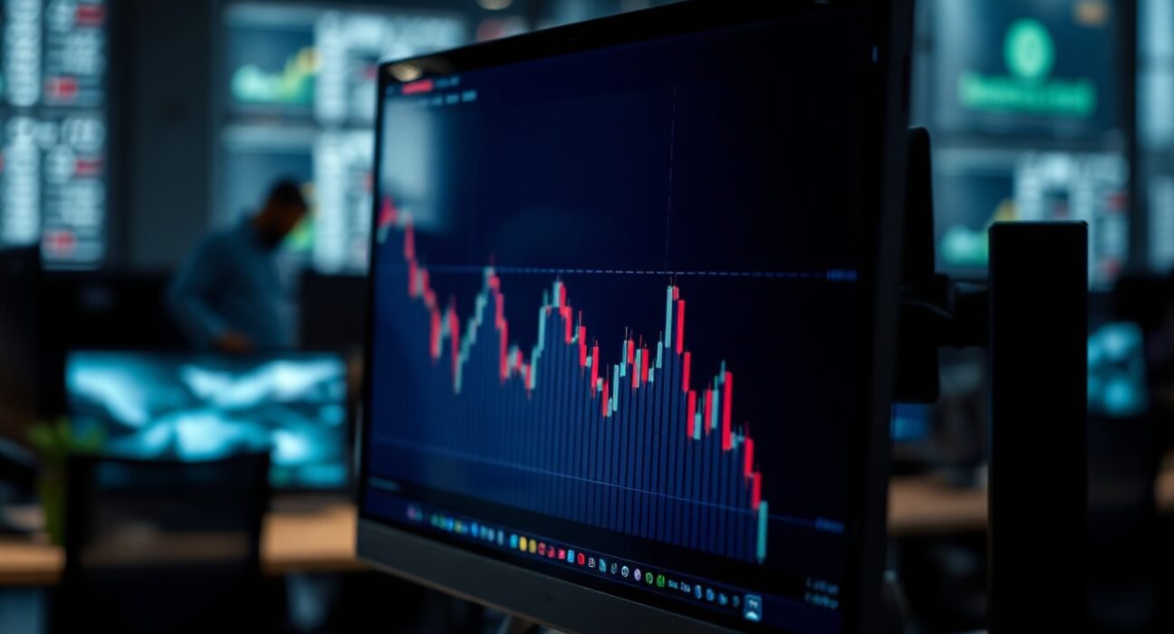 Bitcoin price chart on a monitor in a trading office, reflecting market uncertainty after weak jobs data.