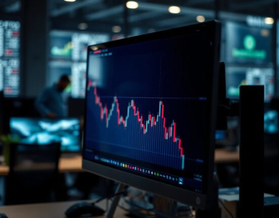 Bitcoin price chart on a monitor in a trading office, reflecting market uncertainty after weak jobs data.