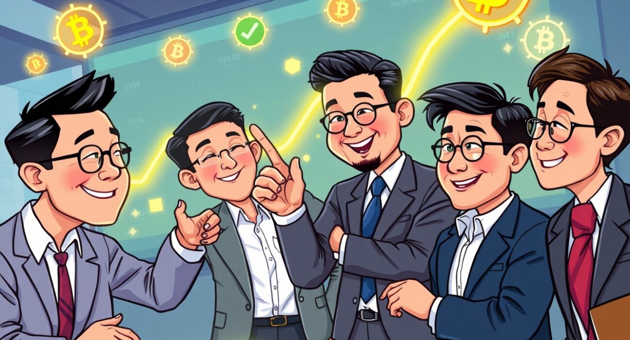 Wealthy Asian investors discussing and planning to increase their cryptocurrency holdings in a modern boardroom.