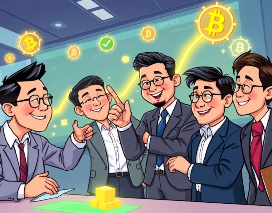 Wealthy Asian investors discussing and planning to increase their cryptocurrency holdings in a modern boardroom.