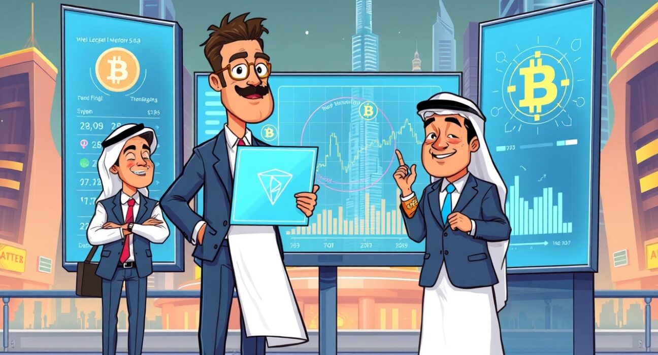A cartoon shows wealthy UAE crypto owners confidently managing digital assets amidst Dubai's futuristic skyline, highlighting the region's adoption.
