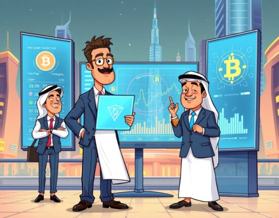 A cartoon shows wealthy UAE crypto owners confidently managing digital assets amidst Dubai's futuristic skyline, highlighting the region's adoption.
