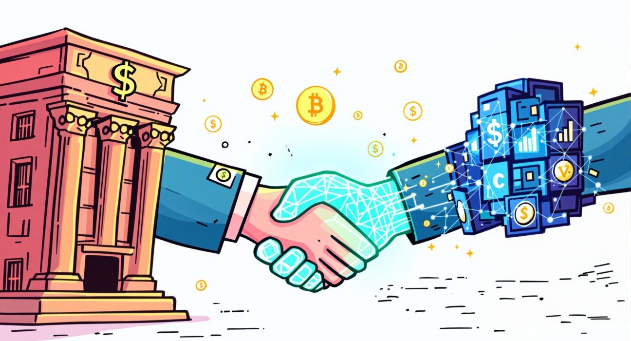 An illustration symbolizing the strategic partnership between WLFI and Vaulta, paving the way for Web3 banking in the U.S. and advancing Web3 banking solutions.