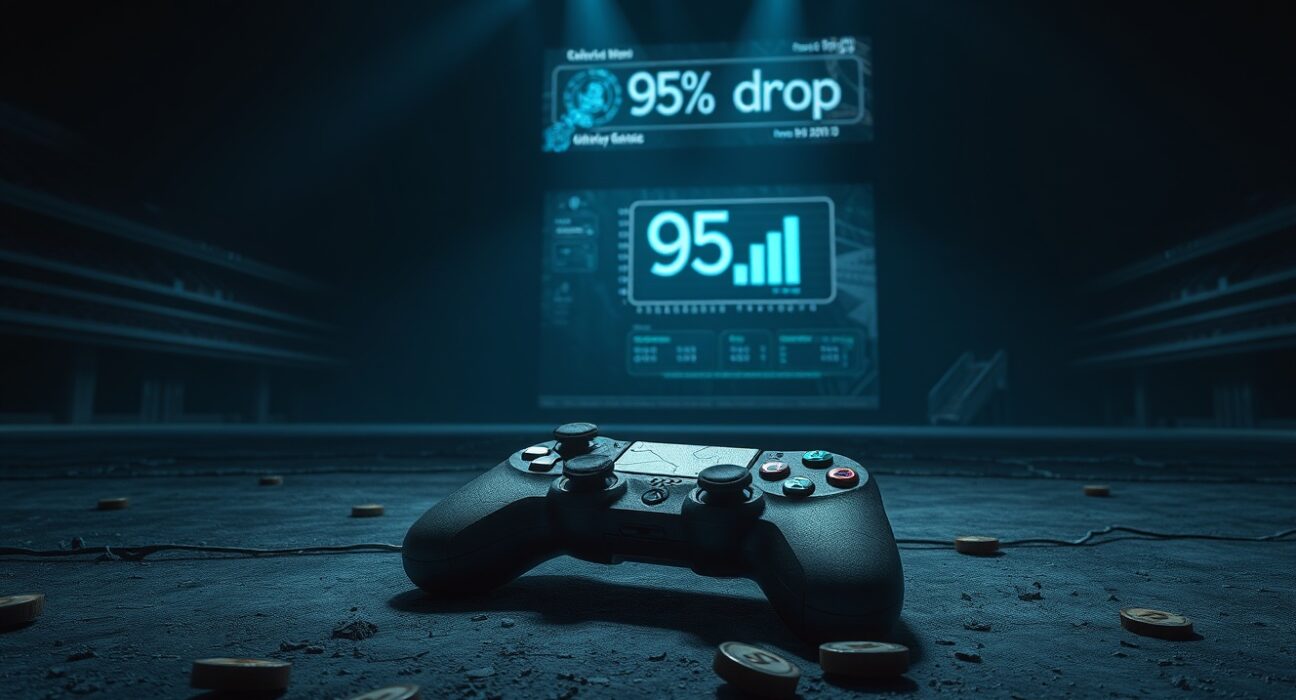 Abandoned game controller and broken crypto tokens in a dark virtual arena symbolizing the Web3 gaming industry collapse.