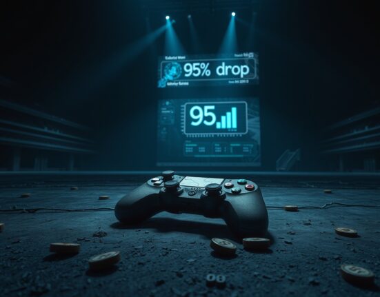 Abandoned game controller and broken crypto tokens in a dark virtual arena symbolizing the Web3 gaming industry collapse.