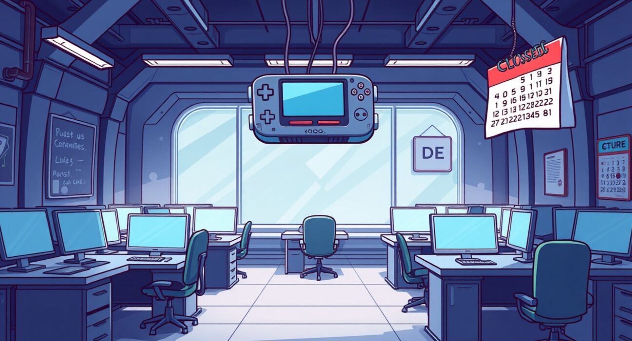 A vibrant cartoon of a closed Web3 gaming studio, symbolizing operational halt and funding challenges.