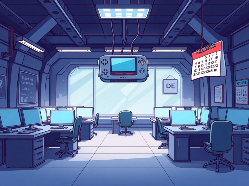 A vibrant cartoon of a closed Web3 gaming studio, symbolizing operational halt and funding challenges.