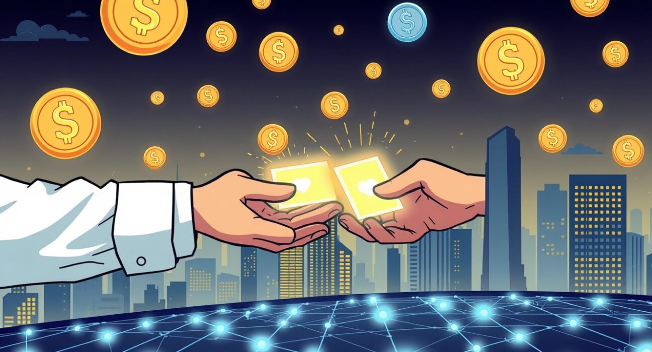 A cartoon illustration showing secure digital transactions, highlighting Pieverse's role in advancing Web3 payment infrastructure.