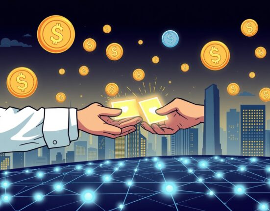 A cartoon illustration showing secure digital transactions, highlighting Pieverse's role in advancing Web3 payment infrastructure.