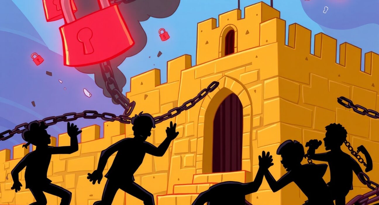 Cartoon illustration of Web3 security vulnerabilities showing digital fortress protection concepts