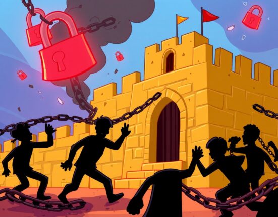 Cartoon illustration of Web3 security vulnerabilities showing digital fortress protection concepts