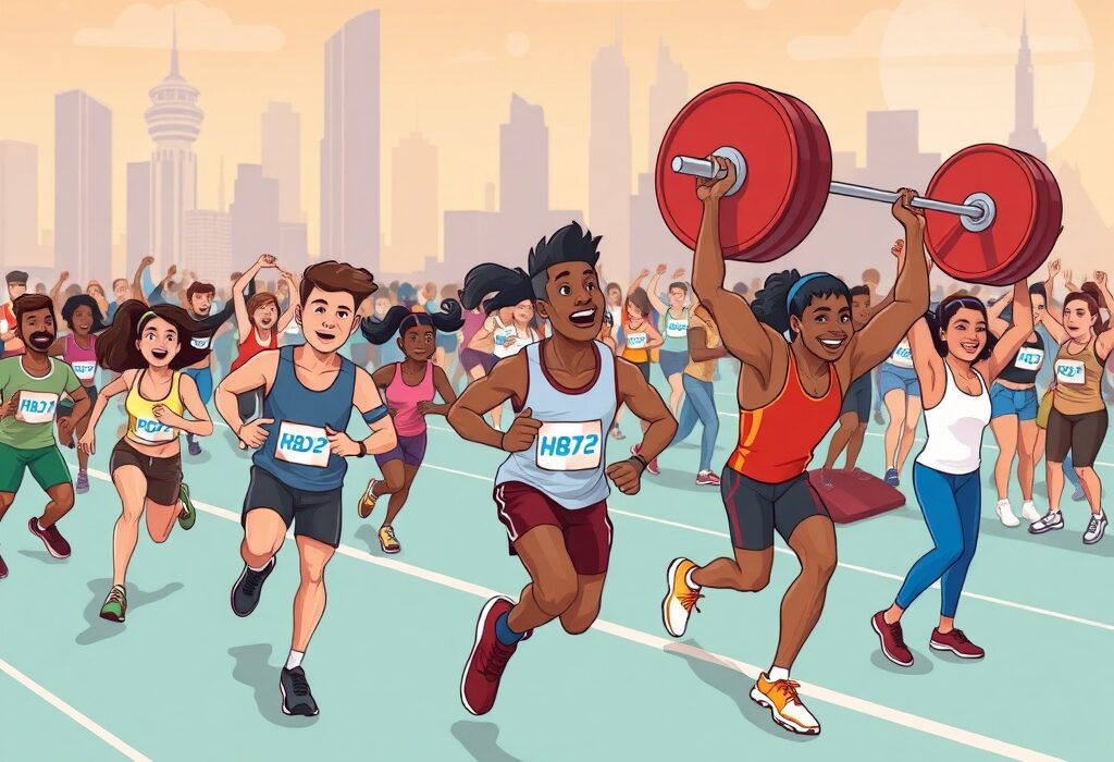 A cartoon illustration showing the vibrant energy of a Web3 sports community engaging in running and powerlifting, symbolizing the exciting programs at KBW 2025.