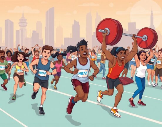 A cartoon illustration showing the vibrant energy of a Web3 sports community engaging in running and powerlifting, symbolizing the exciting programs at KBW 2025.