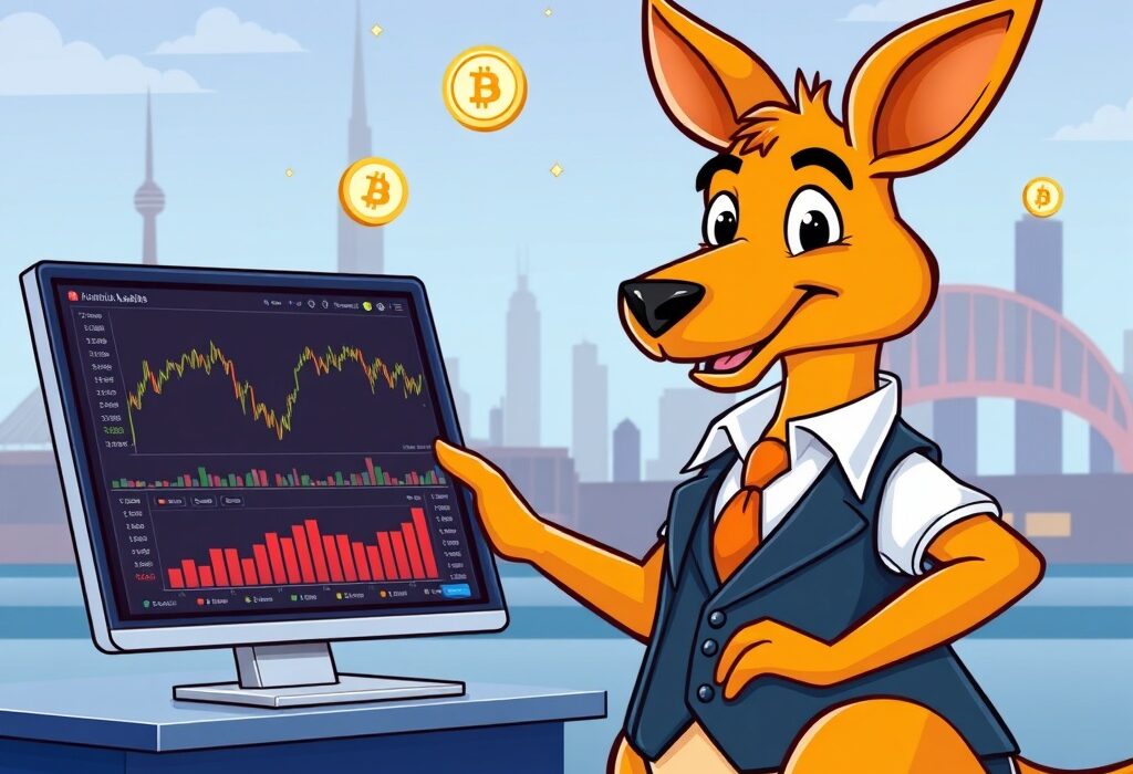 A cartoon kangaroo actively trading on a digital platform, symbolizing the launch of Webull crypto Australia services for traders.
