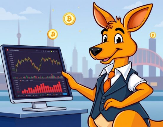 A cartoon kangaroo actively trading on a digital platform, symbolizing the launch of Webull crypto Australia services for traders.