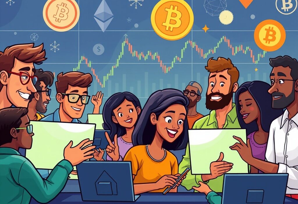 Cartoon illustration of traders excitedly monitoring charts and digital coins, representing the return of Webull crypto trading opportunities.