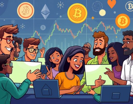 Cartoon illustration of traders excitedly monitoring charts and digital coins, representing the return of Webull crypto trading opportunities.
