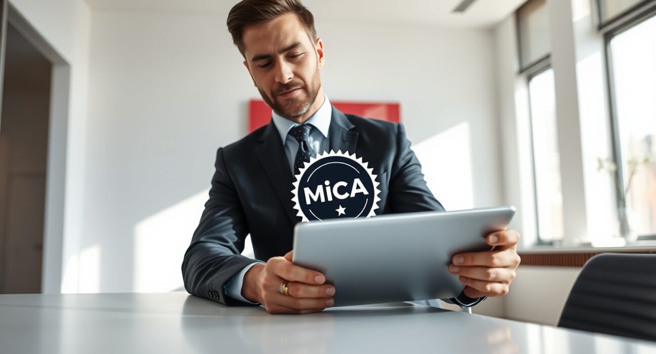 Professional executive reviewing MiCA compliance approval on tablet in modern Amsterdam office