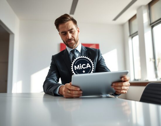 Professional executive reviewing MiCA compliance approval on tablet in modern Amsterdam office