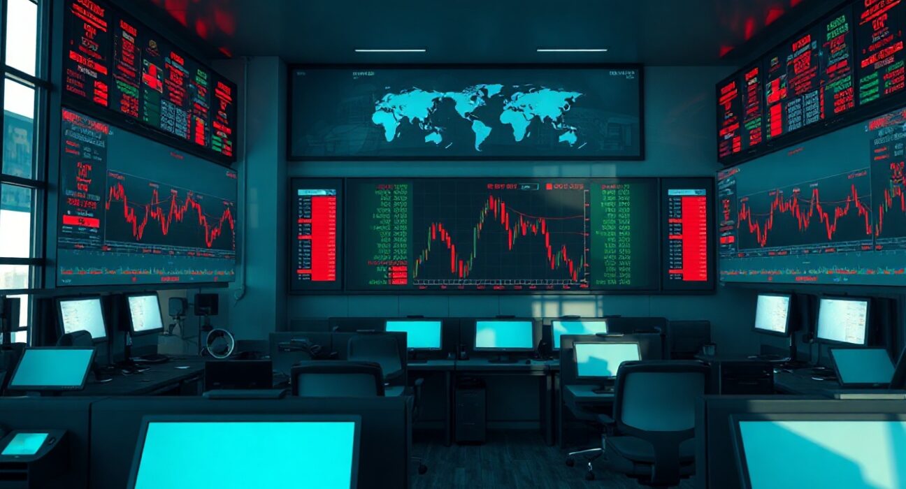 Trading screens showing market charts during a quiet summer session with geopolitical and central bank focus