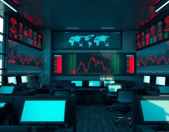 Trading screens showing market charts during a quiet summer session with geopolitical and central bank focus
