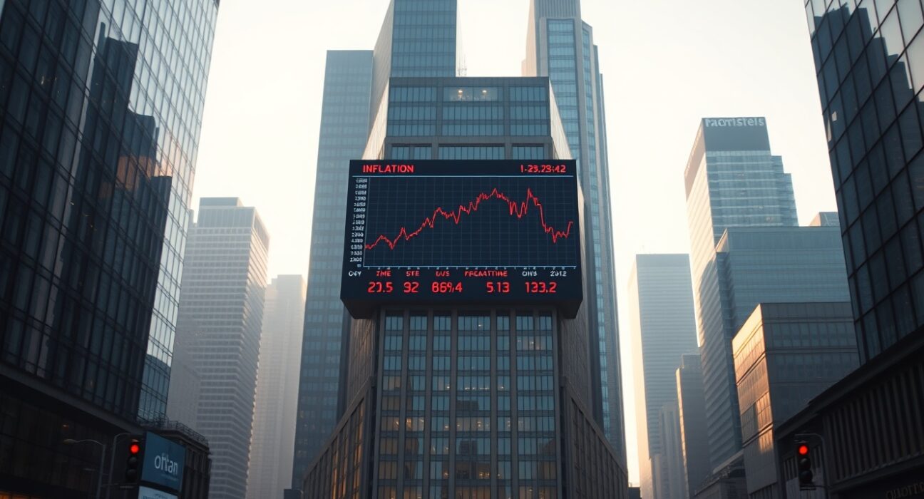 Global financial district with digital display showing economic data, representing central bank decisions and inflation reports.