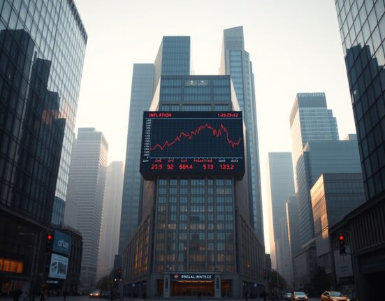 Global financial district with digital display showing economic data, representing central bank decisions and inflation reports.