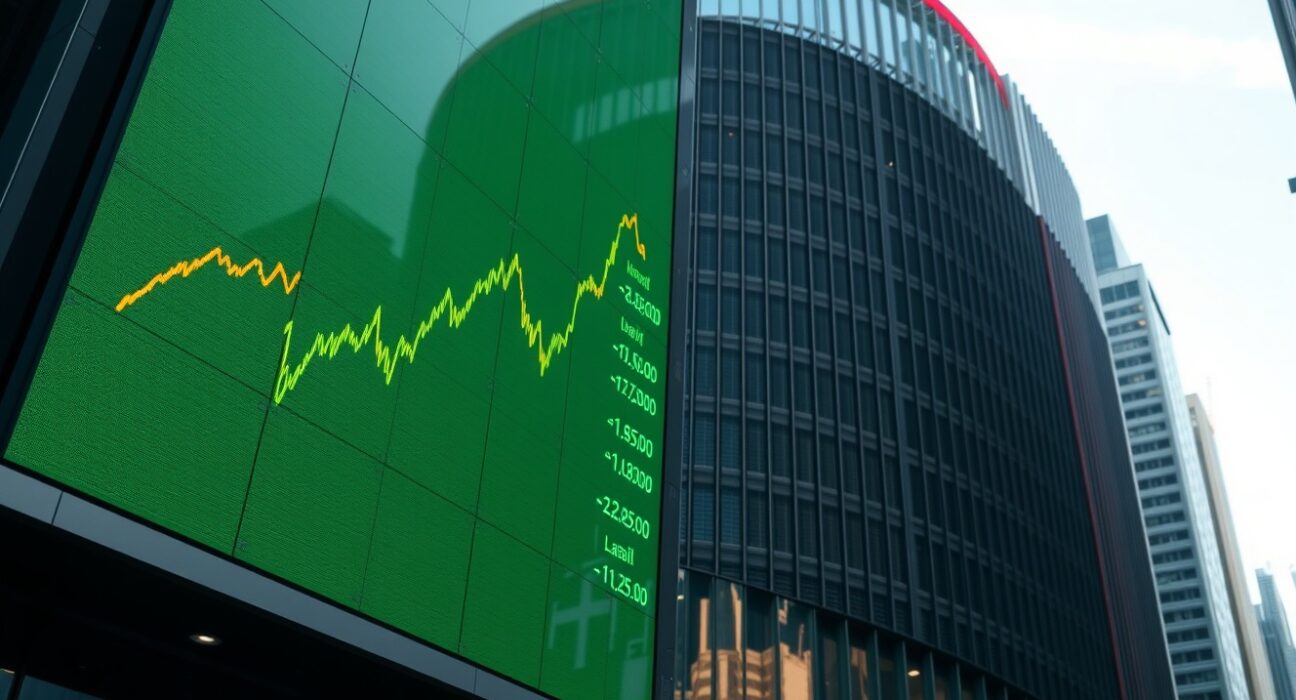 Financial market display showing stock charts and data in a modern office building