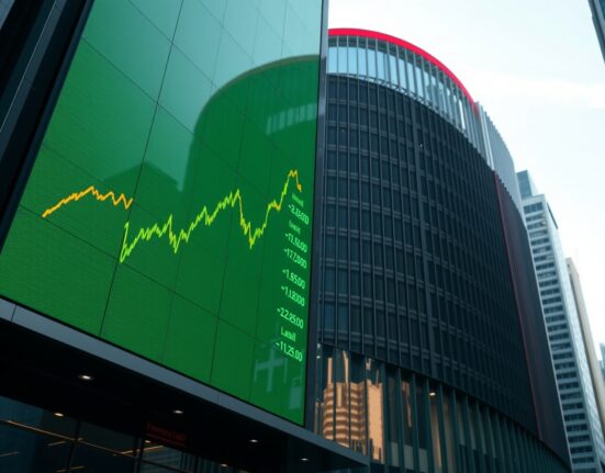 Financial market display showing stock charts and data in a modern office building