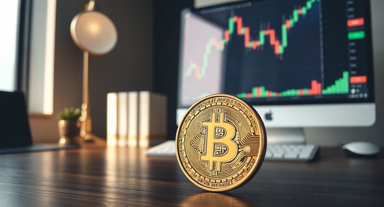 Bitcoin coin on a desk with a monitor showing a stock chart in the background, representing a temporary market rally.