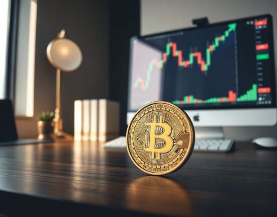 Bitcoin coin on a desk with a monitor showing a stock chart in the background, representing a temporary market rally.