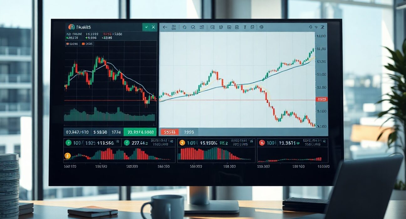 Financial trading screen displaying forex and Bitcoin charts in a modern office