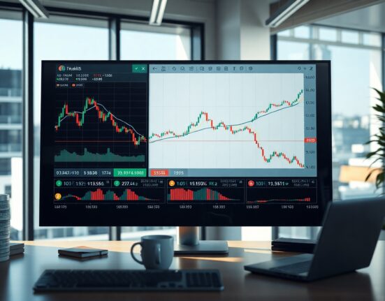 Financial trading screen displaying forex and Bitcoin charts in a modern office